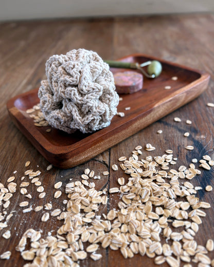 Natural White Crochet Loofah on bathroom tray
