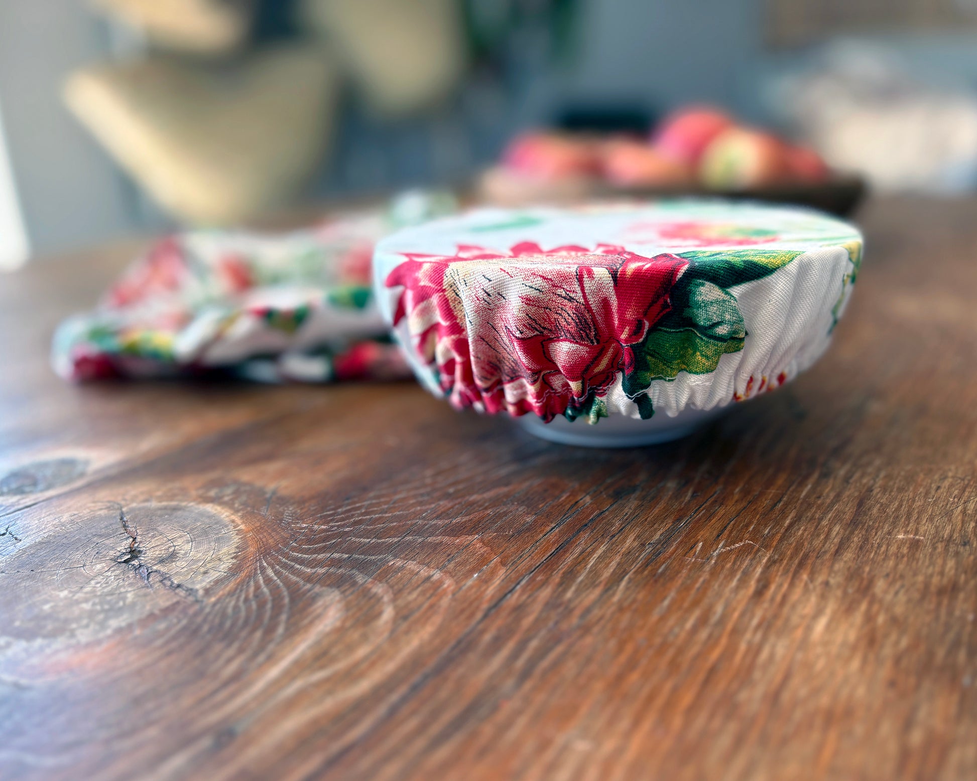 Close up of Protea of White Fabric -  Bowl Cover on bowl on wooden surface