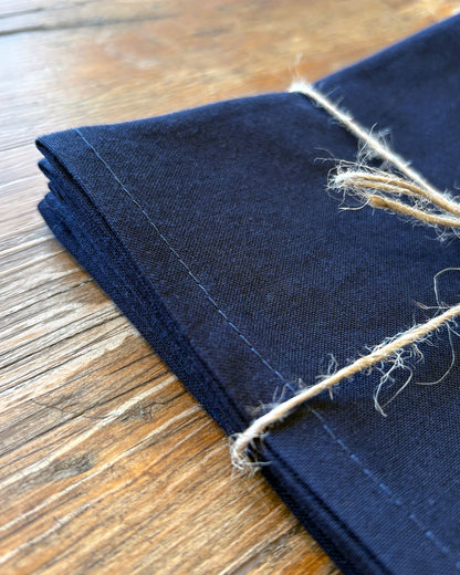 Close-up of a folded navy blue fabric on a wooden surface
